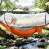 3-in-1 Camping Hammock with Automatic Pop-Up Mosquito Net, Lightweight 70D Nylon Portable Hammock Supports 440lbs