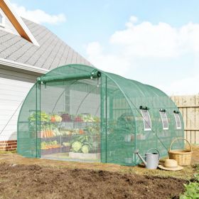 Walk-In Tunnel Greenhouse Outdoor Plant Hot House with Storage Shelves, Roll-up Mesh Door and Vent Windows