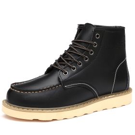 Autumn and winter men's cashmere plus large size two layer cowhide Martin boots fashion trend comfortable warm men's ankle boots (Color: Black fleece, size: 46)